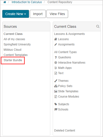 Under Sources pane in the Content Repository, Starter Bundle is highlighted.